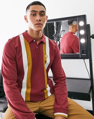 Pretty Green tilby striped long sleeve polo in burgundy-Red