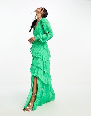 Pretty Lavish asymmetric ruffle jacquard maxi dress in green