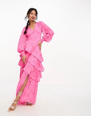 Pretty Lavish asymmetric ruffle jacquard maxi dress in pink