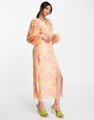 Pretty Lavish balloon sleeve midaxi dress in pink and orange abstract floral-Multi