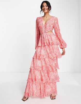Pretty Lavish balloon sleeve tiered maxi dress in red abstract print