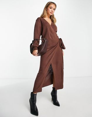 Pretty Lavish Beau wrap knit dress with tie waist in chocolate-Brown