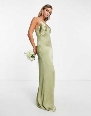 Pretty Lavish Bridesmaid Ines empire satin maxi dress in soft olive-Green