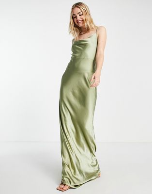Pretty Lavish Bridesmaid Keisha satin maxi dress in olive-Green
