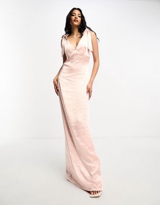 Pretty Lavish Bridesmaid Piper tie shoulder satin maxi dress in blush-Pink