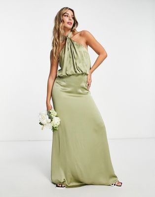 Pretty Lavish Bridesmaid Sammie halter neck satin maxi dress in soft olive-Green