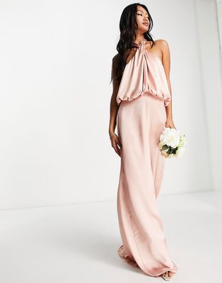 Pretty Lavish Bridesmaid Sammie halterneck satin maxi dress in blush-Pink