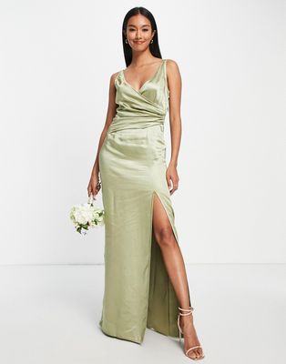 Pretty Lavish Bridesmaid satin maxi dress in sage-Green