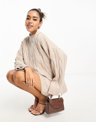 Pretty Lavish cable knit roll neck sweater in beige - part of a set-Neutral