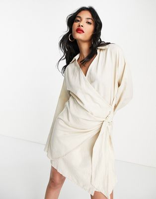 Pretty Lavish collared wrap mini dress in sand-Neutral