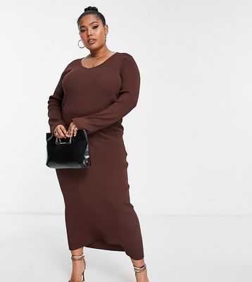 Pretty Lavish Curve long sleeve knit midi dress in chocolate brown