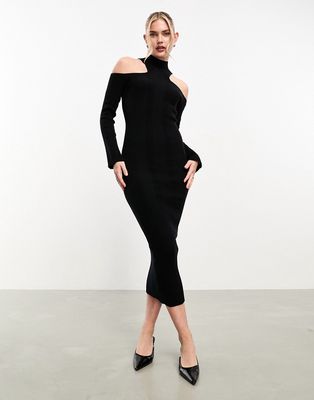Pretty Lavish cut out shoulder knitted midi dress In black