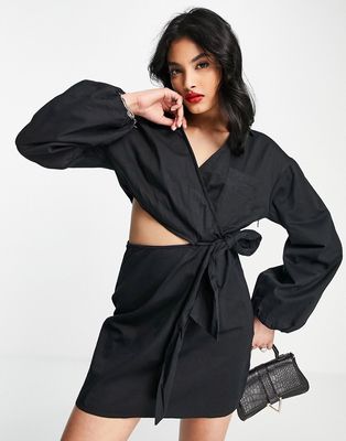 Pretty Lavish cut-out wrap shirt mini dress in black