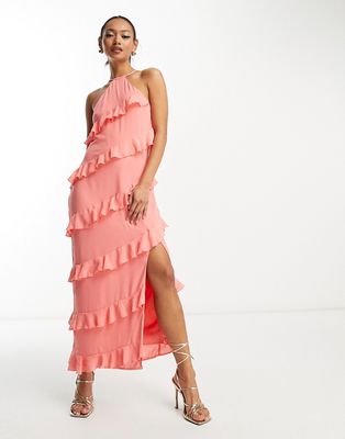 Pretty Lavish halter neck asymmetric ruffle maxi dress in coral-Pink