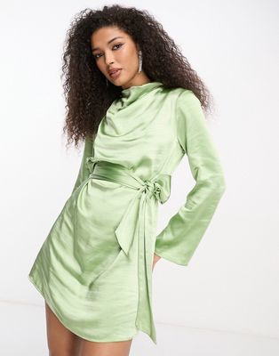 Pretty Lavish Jayda tie waist satin mini dress in soft olive-Green