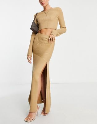 Pretty Lavish knit thigh slit midaxi skirt in camel - part of a set-Neutral