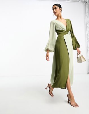 Pretty Lavish knot front contrast midi dress in olive and sage-Green