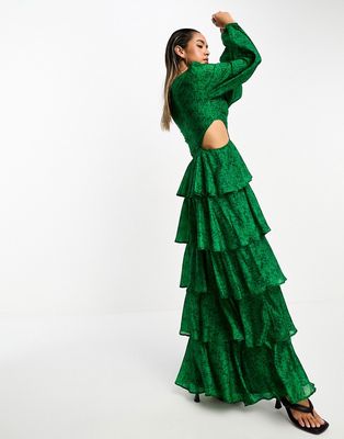 Pretty Lavish long sleeve cut-out ruffle maxi dress in emerald-Green