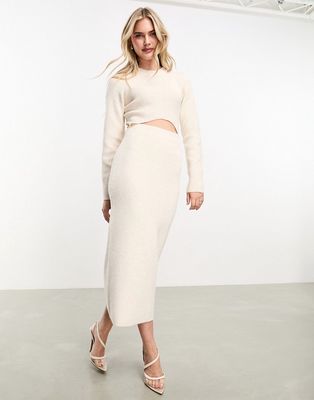 Pretty Lavish long sleeve knitted midi dress in ecru-White