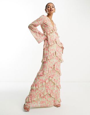 Pretty Lavish long sleeve ruffle maxi dress in mixed floral-Multi