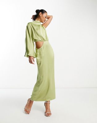Pretty Lavish one sleeve satin maxi dress in olive-Green