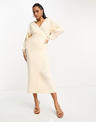 Pretty Lavish oversized wrap knit midi dress in cream-White