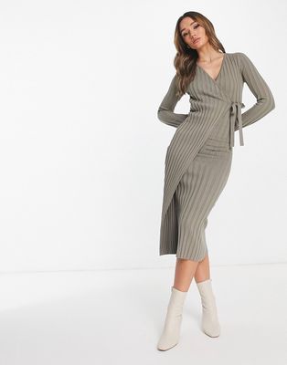 Pretty Lavish ribbed plisse wrap midi dress in taupe knit-Neutral