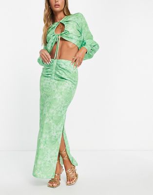 Pretty Lavish ruched midaxi skirt in green abstract floral - part of a set