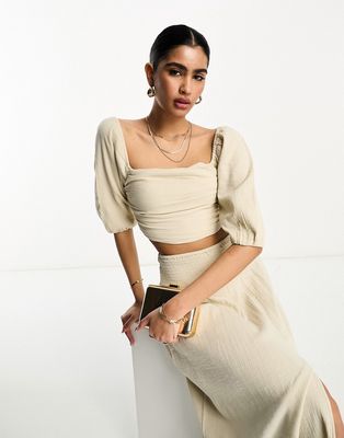 Pretty Lavish ruched puff sleeve crop top in stone - part of a set-Neutral