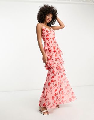 Pretty Lavish ruffle split maxi dress in pink and red floral