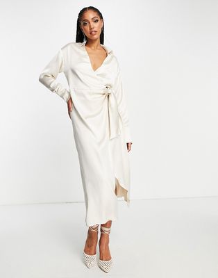 Pretty Lavish satin wrap shirt dress in oyster-White