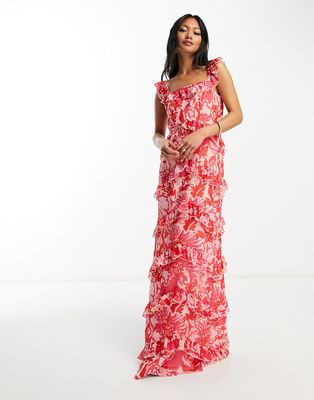 Pretty Lavish square neck ruffle maxi dress in red and pink floral