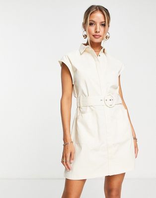 Pretty Lavish tailored mini dress with belt in cream-White