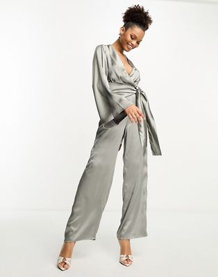 Pretty Lavish tie front jumpsuit with pockets in slate gray