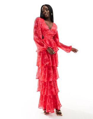 Pretty Lavish tiered cut out maxi dress in pink and red floral