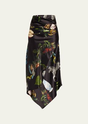 Printed Asymmetric Draped Silk Skirt