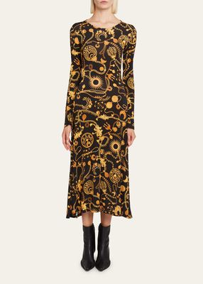 Printed Back-Drawstring Midi Dress