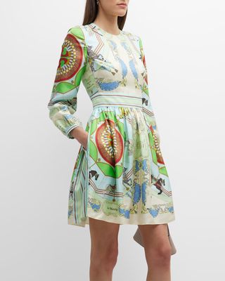 Printed Blouson-Sleeve Silk Mini Dress