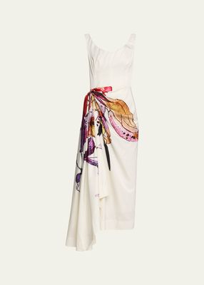 Printed Draped Skirt Midi Dress