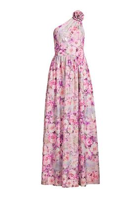 Printed Jacquard One-Shoulder Gown