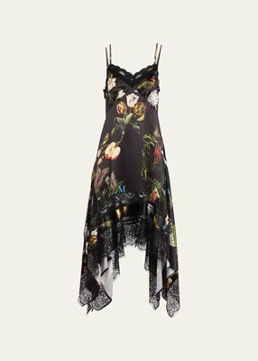 Printed Lace-Trim Midi Silk Slip Dress