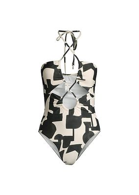 Printed Lace-Up One-Piece Swimsuit