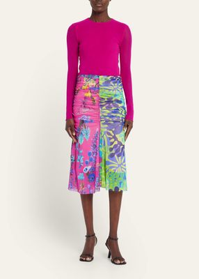 Printed Ruched Tulle Midi Skirt