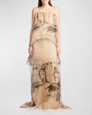 Printed Silk Long-Sleeve Kaftan Illusion Gown