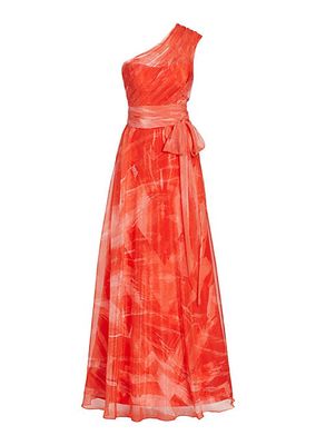Printed Tulle One-Shoulder Tie-Waist Gown