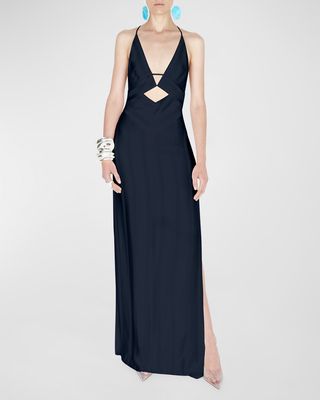 Prism Pinstripe Cutout Thigh-Slit Maxi Dress