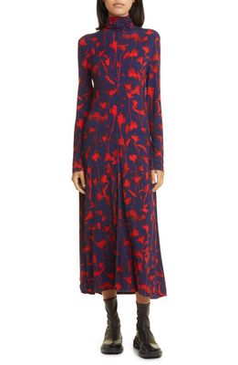 Proenza Schouler Floral Print Long Sleeve Dress in Indigo/Garnet/Scarlet