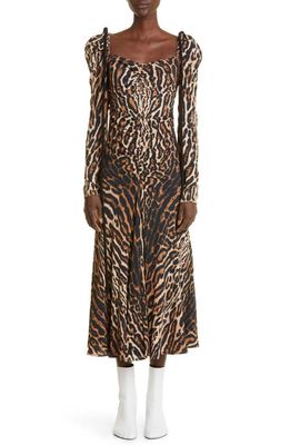 Proenza Schouler Leopard Print Ruched Long Sleeve Crêpe de Chine Midi Dress in Brown Multi