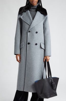 Proenza Schouler White Label Emma Double Breasted Wool Blend Longline Coat with Faux Fur Trim in Ash/Black