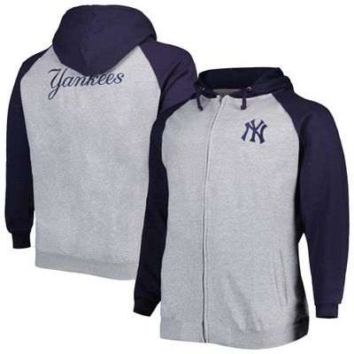 PROFILE Men's Heather Gray/Navy New York Yankees Big & Tall Raglan Hoodie Full-Zip Sweatshirt